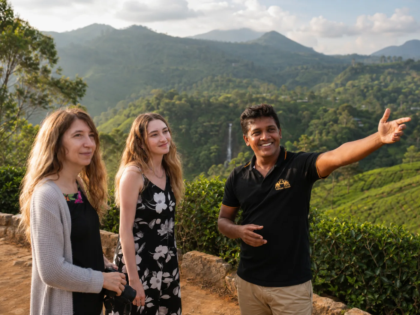 A local Elephant Travels guide showing travellers the Sri Lankan hill country and tea estates